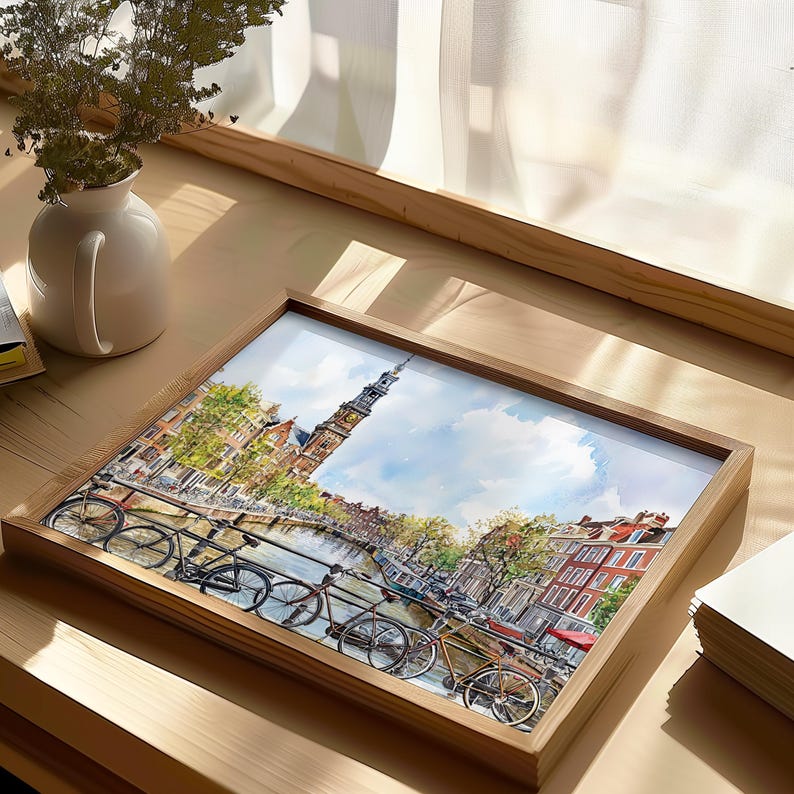Amsterdam Watercolor Cityscape Print, Netherlands Travel Poster, Amsterdam Skyline Art, Dutch Wall Decor, Watercolor Amsterdam Painting image 4