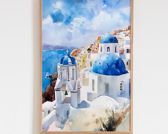 Santorini Greece Watercolor Print, Blue Dome White Building Wall Art, Mediterranean Seaside Painting, Peaceful Coastal Home Decor