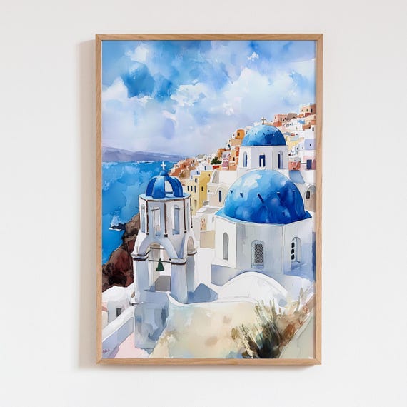 サントリーニ島ギリシャの水彩画、青いドームと白い建物の壁アート