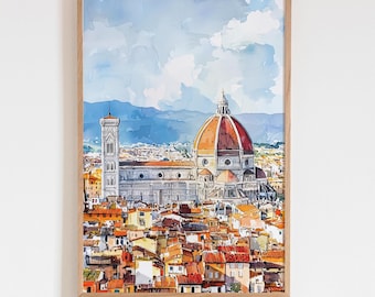 Florenz Italien Skyline Aquarell Druck, Luftaufnahme Stadt Wandkunst, Buntes Reiseplakat, Kathedrale Duamo Art, Italien Geschenkidee