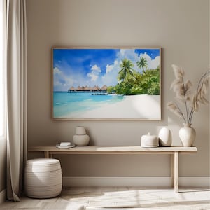 Malediven Strand Aquarell Art Print, Überwasser-Bungalows Wanddekoration, Tropische Palme Küstenlandschaft, ruhiges Meer Strand Poster