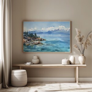 Impresión de acuarela del lago Tahoe, arte mural con paisaje de montaña nevada, pintura de naturaleza escénica, idea de regalo de Tahoe, arte del lago, decoración vibrante
