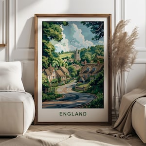 Póster de viaje con arte de la campiña inglesa: decoración artística con encanto de un pueblo inglés