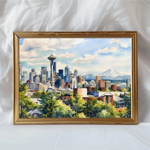 Póster de arte del horizonte de Seattle, paisaje urbano de Seattle WA en acuarela, arte mural del centro de Seattle, impresión de viaje a Washington, decoración del hogar de Seattle