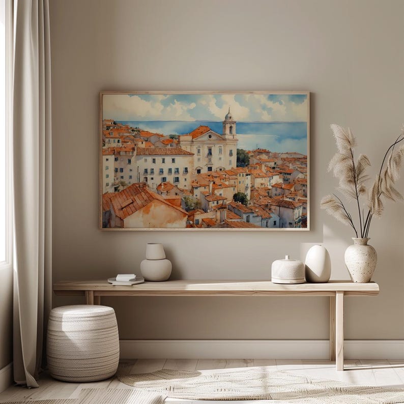 Lisbon_Alfama_watercolor_painting_on_the_wall_of_a_minimalistic_interior_with_light_above_a_console_table
