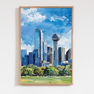 Dallas Skyline Watercolor Art Print, Dallas TX Cityscape Poster, Downtown Dallas Texas Wall Art, Travel Decor, Texas Artwork