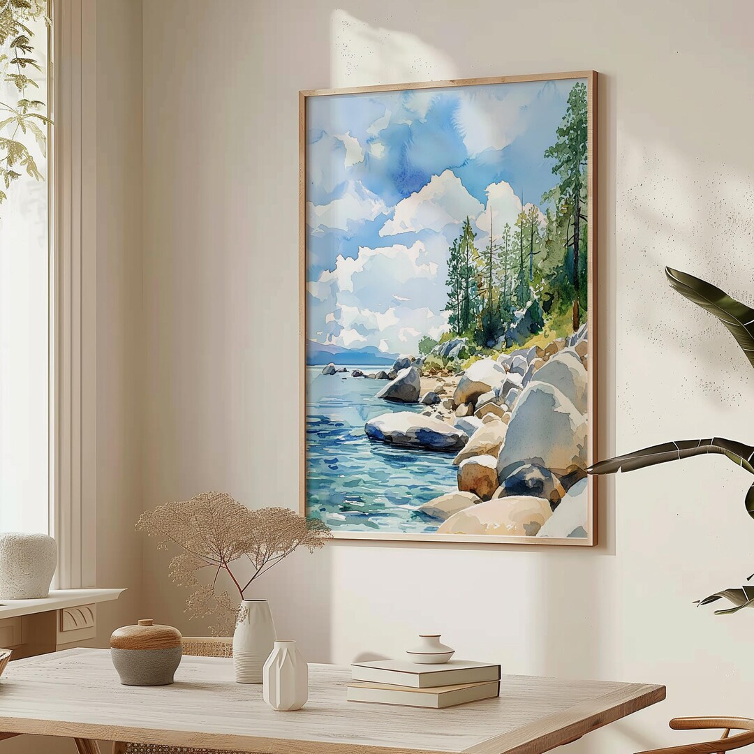 Lake Tahoe Watercolor Art Print, Summer Landscape Painting With Pine ...