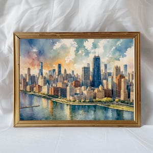 Chicago Wall Art Print - Cityscape Watercolor Painting - Chicago Skyline Decor - Illinois Travel Poster - Home Gift