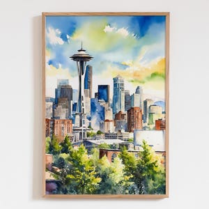 Seattle Skyline Watercolor Art Poster, Seattle WA Cityscape Art Print, Downtown Washington Travel Gift, Modern Wall Decor