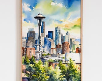 Seattle Skyline Watercolor Art Poster, Seattle WA Cityscape Art Print, Downtown Washington Travel Gift, Modern Wall Decor