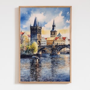 Prague Travel Poster, Watercolor Prague Art, Charles Bridge Wall Art, Praha Skyline Print, Czech Republic Travel Art, Prague Cityscape