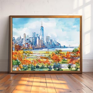 New York City Skyline Watercolor Print, Autumn Park Wall Art, NYC Landscape Painting, Urban Bridge Artwork, Travel Gift Idea