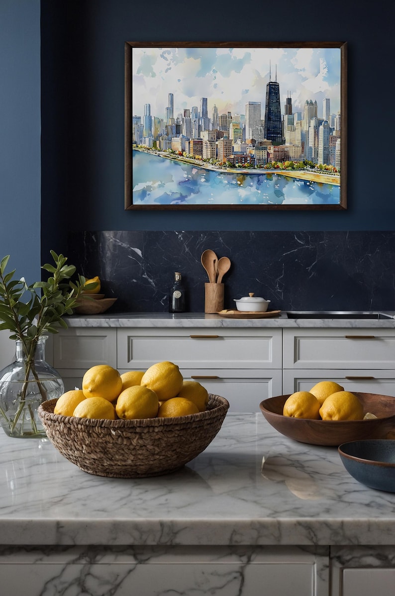 Quadro decorativo de Chicago para parede - Pintura em aquarela da paisagem urbana - Decoração com o horizonte de Chicago - Pôster de viagem para Illinois - Presente para casa imagem 6