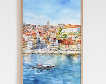 Porto Portugal Aquarell Druck, Bunte Stadtbild Wand Kunst, Flussboote Malerei, Europäisches Reise Poster, Geschenk für Wohnkultur