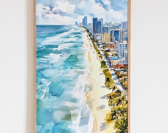 Miami Coastline Skyline Art Poster, Miami FL Cityscape Watercolor Print, Downtown Miami Wall Art, Florida Travel Gift, Beach Decor