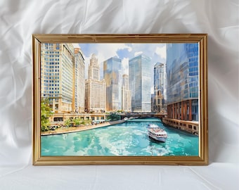 Chicago River Watercolor Art Print Poster, Chicago Illinois Wall Art, Chicago IL Travel Decor, Unique Gift for Chicago Lovers
