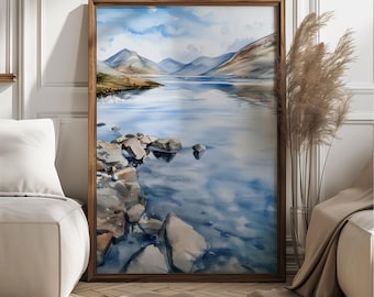 May include: Watercolor painting of a serene lake scene with mountains in the background. The artwork features a wooden frame, with the lake and sky rendered in shades of blue and gray. Rocks line the water's edge.