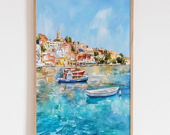 Impresión de acuarela de la isla de Symi, Grecia, arte mural costero griego, pintura de barcos del puerto, regalo de arte de viaje por el Mediterráneo