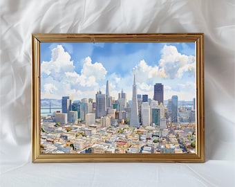 サンフランシスコのスカイラインの水彩画、カリフォルニアの街並みの壁画、空中都市イラスト、モダンなパステルカラーの建築装飾