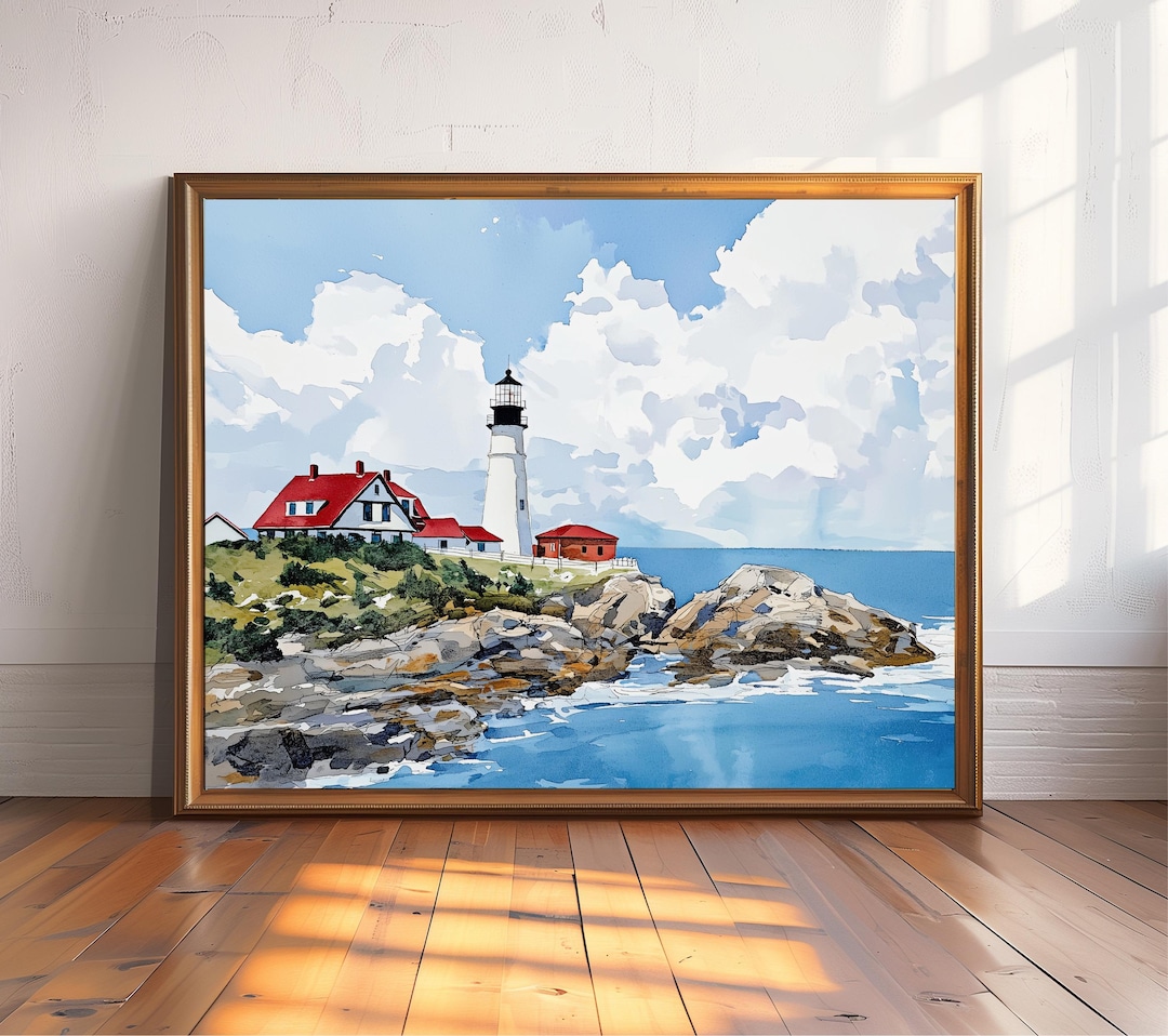 Portland Head Light Maine Watercolor Print, Coastal Lighthouse Art ...