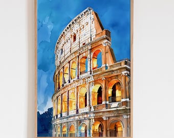 Impressão em aquarela do Coliseu, arte de parede em Roma, Itália, pôster de arquitetura antiga, ideia de presente de arte para viagem, decoração vibrante de marco italiano