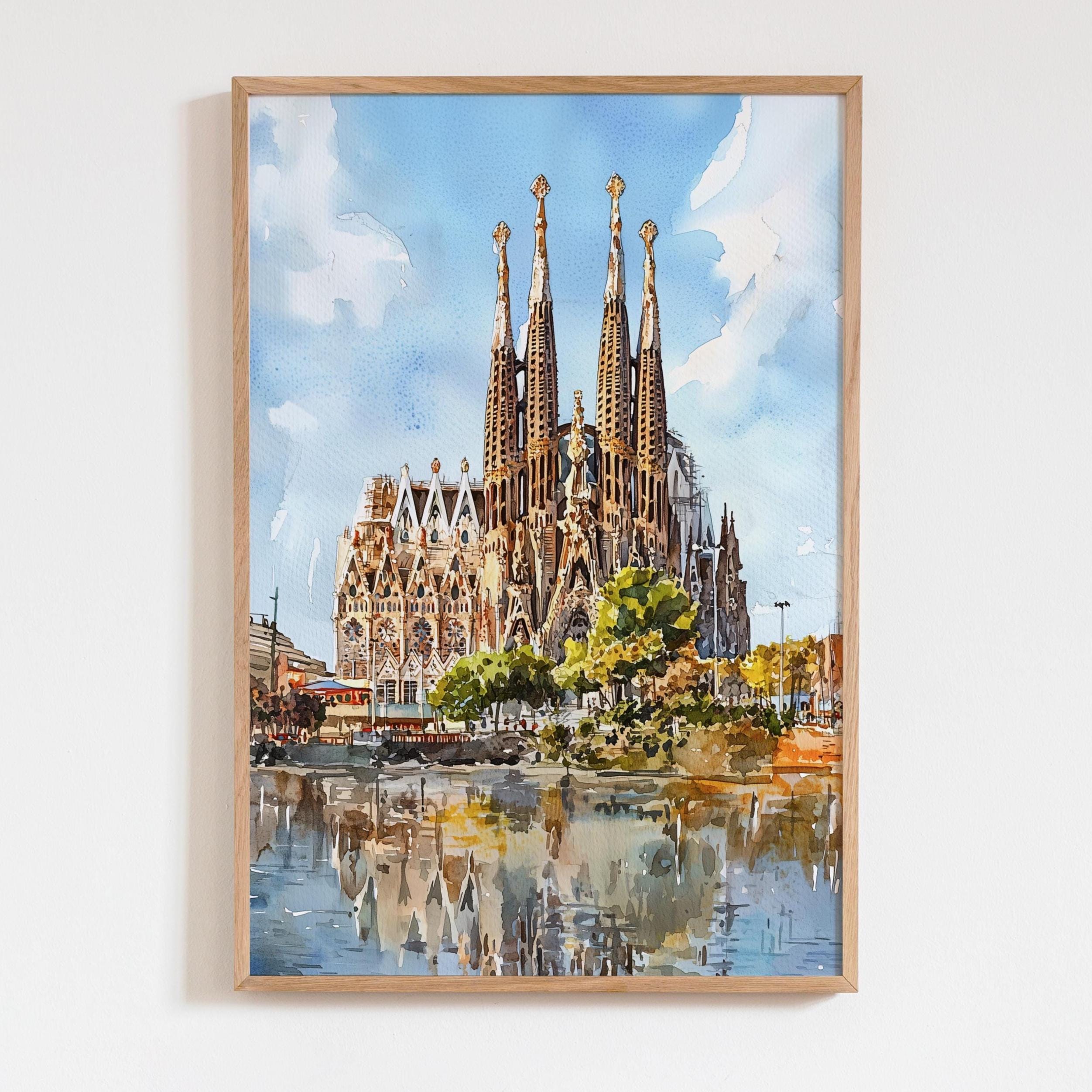 サグラダ・ファミリアの水彩画、バルセロナ、スペインの壁画、鮮やかな