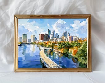 Philadelphia Watercolor Skyline Art Print, Philadelphia PA Cityscape Poster, Travel Wall Art Decor, Philly Landmark Painting