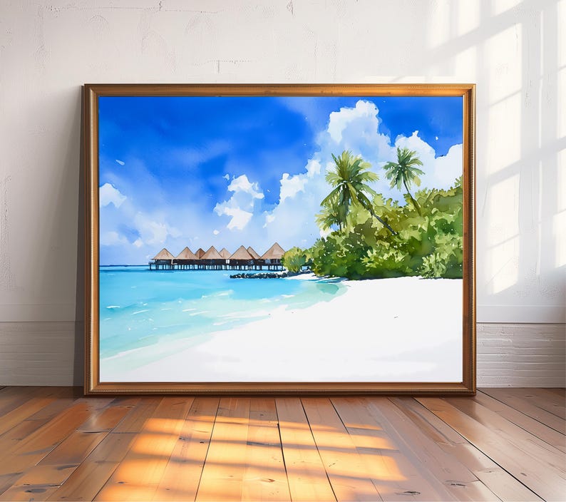 Maldives Beach Watercolor Art Print, Overwater Bungalows Wall Decor ...