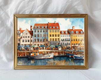 Copenhagen Nyhavn Watercolor Art Print Poster - Denmark Travel Wall Art Decor, Copenhagen Unique Travel Gift