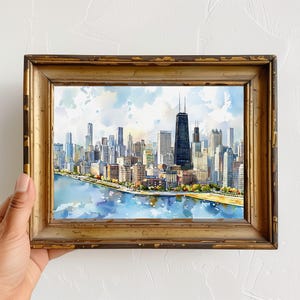 Quadro decorativo de Chicago para parede - Pintura em aquarela da paisagem urbana - Decoração com o horizonte de Chicago - Pôster de viagem para Illinois - Presente para casa imagem 2