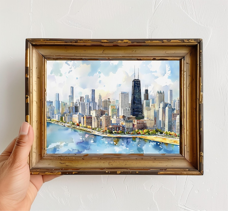 Quadro decorativo de Chicago para parede - Pintura em aquarela da paisagem urbana - Decoração com o horizonte de Chicago - Pôster de viagem para Illinois - Presente para casa imagem 2