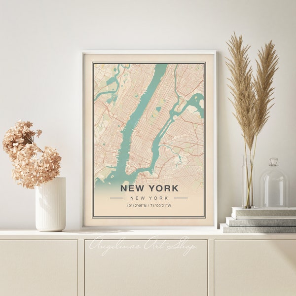 New York Map Vintage, New York Vintage Map Print