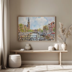 Amsterdam Watercolor Cityscape Print, Netherlands Travel Poster, Amsterdam Skyline Art, Dutch Wall Decor, Watercolor Amsterdam Painting image 3
