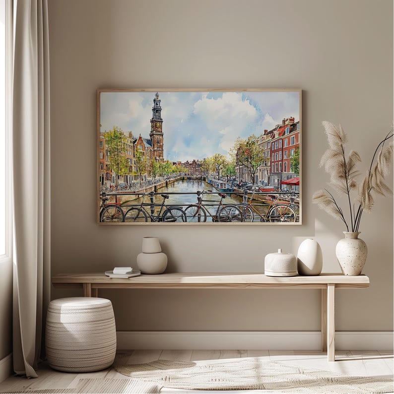 Amsterdam Watercolor Cityscape Print, Netherlands Travel Poster, Amsterdam Skyline Art, Dutch Wall Decor, Watercolor Amsterdam Painting image 3