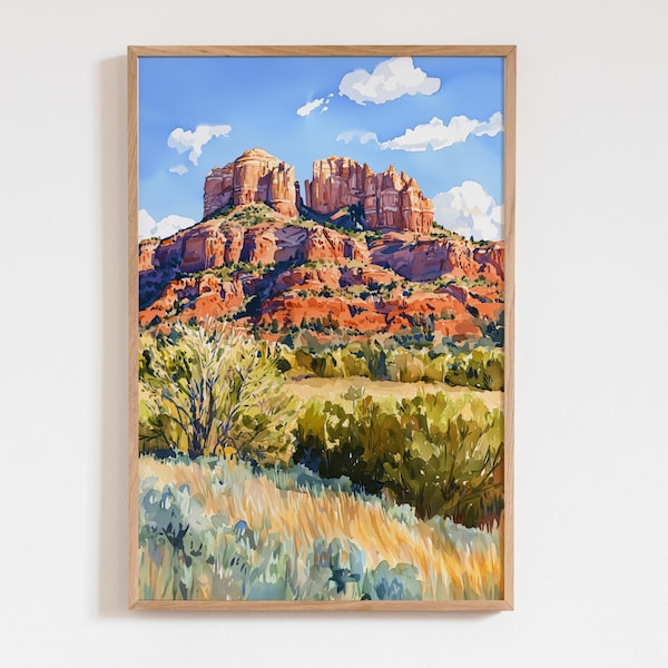Sedona Arizona Watercolor Style Landscape Print, Red Rock Desert Art, Southwest Nature Wall Decor, Scenic Mountain Painting, Travel Art Gift