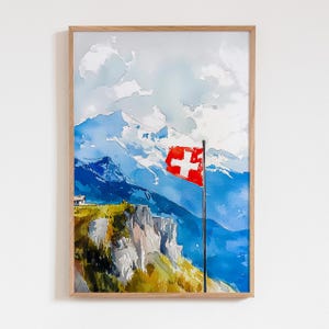 Stampa acquerello della bandiera svizzera, stampa murale con paesaggio alpino, poster di montagna svizzera, decorazione minimalista con bandiera, regalo da viaggio per gli amanti della natura