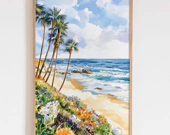 Laguna Beach Watercolor Print California Coastal Wall Art | Palm Trees Ocean View Painting | Beach Home Decor Gift Idea