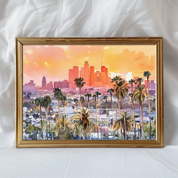 Akwarela z panoramą Los Angeles, Palmy i zachód słońca w pejzażu miejskim, Plakat z architekturą krajobrazu miejskiego, Prezent z podróży