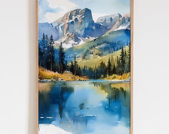 Rocky Mountain Landscape Watercolor Print, Colorful Nature Wall Art, Vibrant Forest Lake Reflection Painting, Outdoor Adventure Gift
