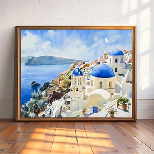 Santorini Watercolor Print, Blue Dome Greece Wall Art, Coastal Greek Island Painting, Mediterranean Travel Poster, Ocean View Decor