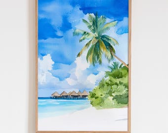 Maldives Watercolor Wall Art, Overwater Bungalows Print, Beach Tropical Travel Gift, Coastal Decor, Bright Island Landscape Poster