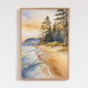 Aquarell See Küste Kunstdruck - Küsten Wanddekoration - Seelandschaft Poster - Ruhige Küste Kunstwerk - Reise Strand Wohndekor