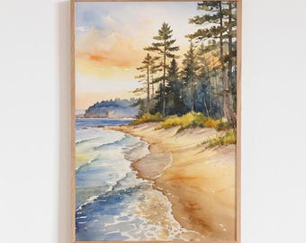 Watercolor Lake Coast Art Print – Coastal Wall Decor – Lakeside Landscape Poster – Tranquil Shoreline Artwork – Travel Beach Home Decor
