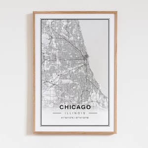 Affiche impression d'art carte de Chicago - voyage dans l'Illinois art mural, carte des rues de Chicago cadeau unique