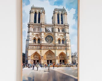 Notre-Dame-kathedraal aquarel print, Parijs Frankrijk illustratie kunst, pastel architectuur muur decor, Europees reiscadeau