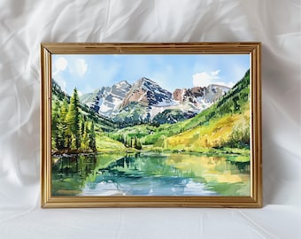 Maroon Bells Watercolor Art Print, Aspen Colorado Mountain Landscape Wall Art, Nature Adventure Gift, Scenic Travel Poster, Wilderness Decor