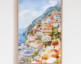 Positano Italy Watercolor Print, Amalfi Coast Wall Art, Italian Summer Landscape, Coastal Village Decor, Beach Sunset Travel Poster