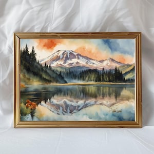 Impression d'art Mount Rainier - poster aquarelle - cadeau pour les amoureux de la nature - art mural beau paysage - cadeau unique pour toute occasion