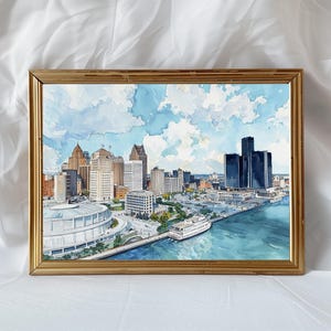デトロイトのスカイラインの水彩画、川沿いの街並みのアート、デトロイトの詳細な壁装飾、パステル調の都市風景イラスト 画像 1