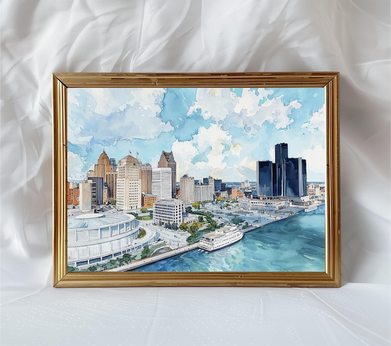 デトロイトのスカイラインの水彩画、川沿いの街並みのアート、デトロイトの詳細な壁装飾、パステル調の都市風景イラスト 画像 1